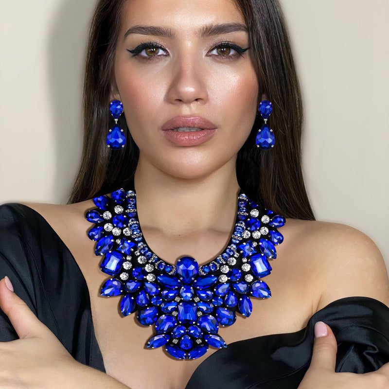 Flyonce Costume Jewelry for Women, Rhinestone Crystal Statement Necklace Earrings Set Blue - Image 2